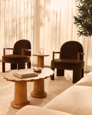 Modern living room with wooden chairs and table, large windows, and a plant.